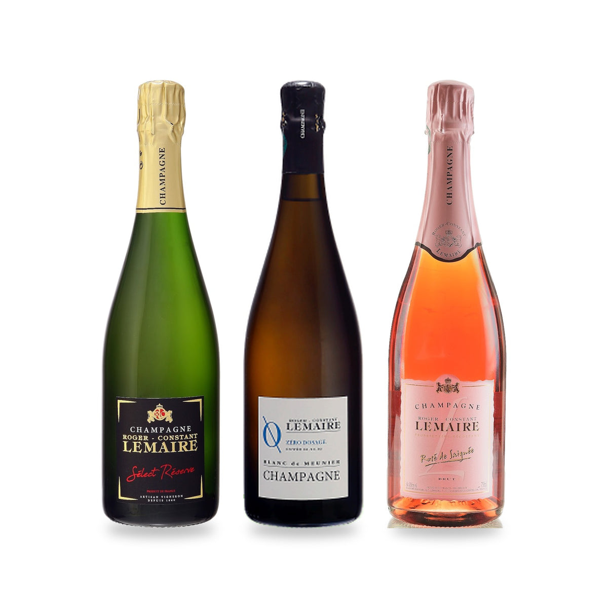 Geschenkset Champagner-Trio „Hommage au Meunier": Sélect Réserve, Zéro Dosage und Rosé de Saignée von Roger-Constant Lemaire