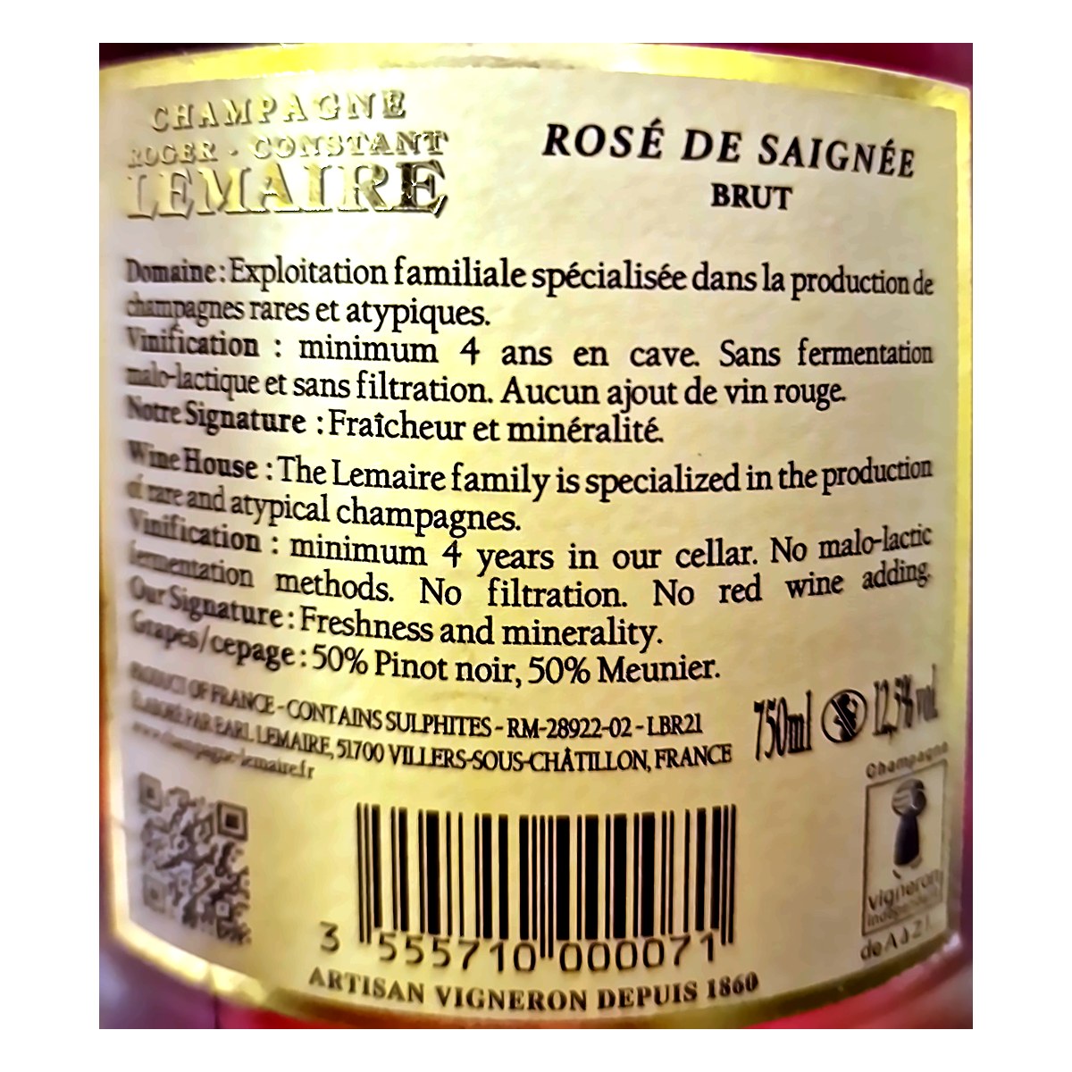 Rückenetikett Champagne Roger-Constant Lemaire Rosé de Saignée mit Angaben zu Rebsorten, Alkoholgehalt und Herkunft