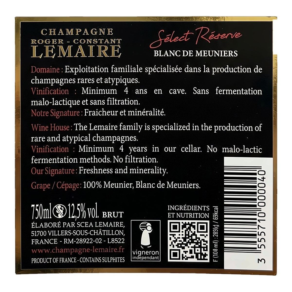 Rückenetikett Champagne Roger-Constant Lemaire Sélect Réserve mit Angaben zu Herstellung, Alkoholgehalt und Herkunft