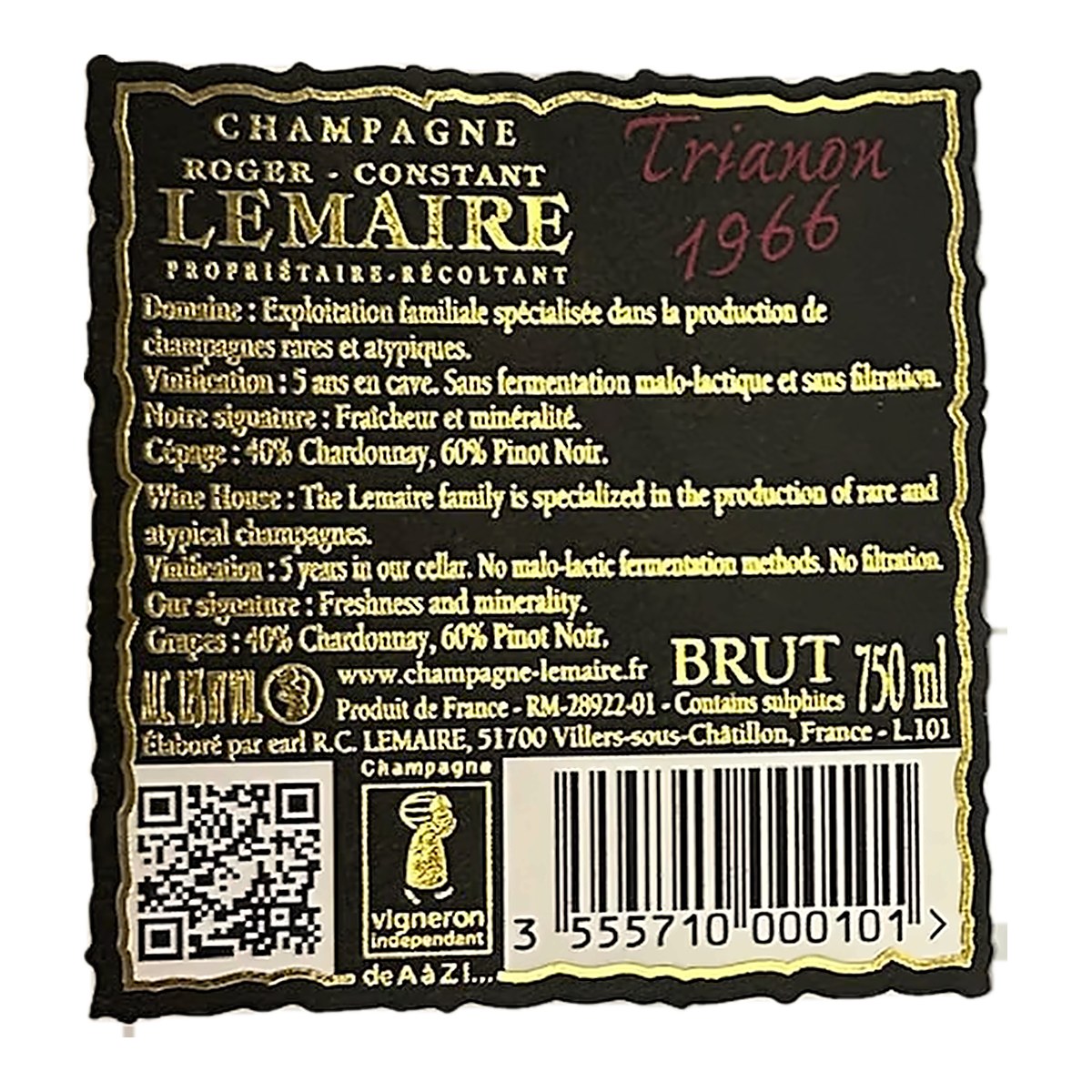 Rückenetikett Champagne Roger-Constant Lemaire Trianon 1966 mit Angaben zu Rebsorten, Alkoholgehalt und Herkunft